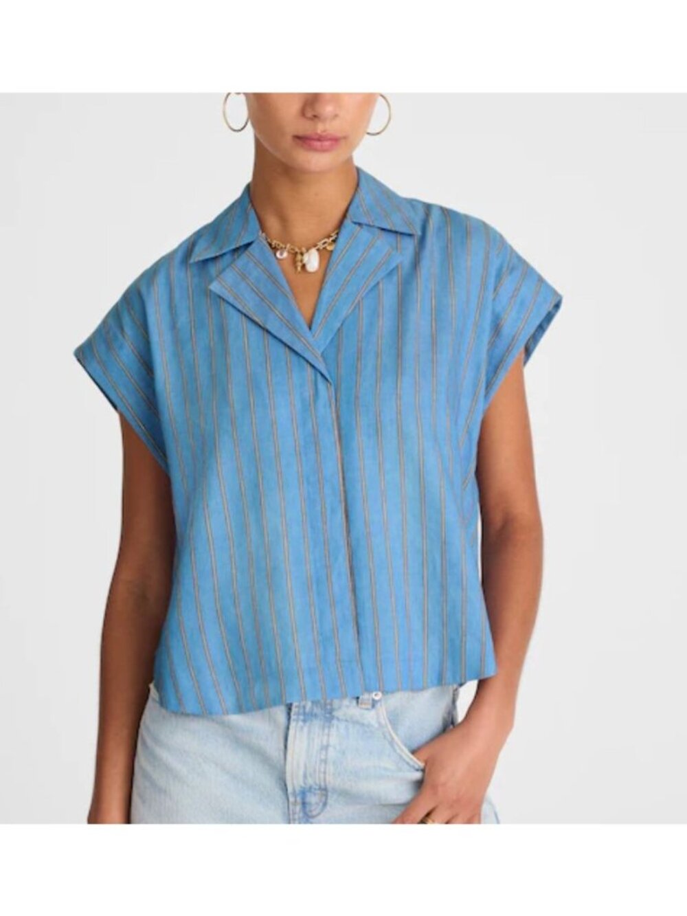 Madewell Resort-Collar Shirt in Linen Blend Blue Stripe Small